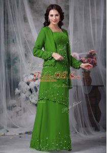 Straps Sleeveless Mother Of The Bride Dress Floor Length Beading Green Chiffon