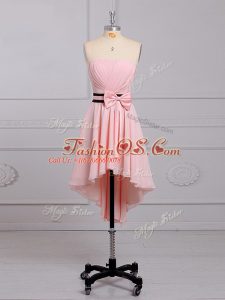 Hot Sale Baby Pink Strapless Lace Up Ruching and Bowknot Bridesmaid Dress Sleeveless