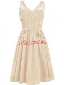 Fancy Sleeveless Chiffon Knee Length Side Zipper Wedding Party Dress in Champagne with Lace and Ruching