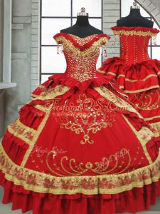 Perfect Red Ball Gowns Off The Shoulder Cap Sleeves Satin and Taffeta Floor Length Zipper Beading and Embroidery and Ruffled Layers Quinceanera Gowns