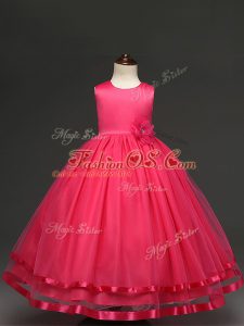 Most Popular Hot Pink Tulle Zipper Scoop Sleeveless Floor Length Little Girls Pageant Dress Wholesale Hand Made Flower