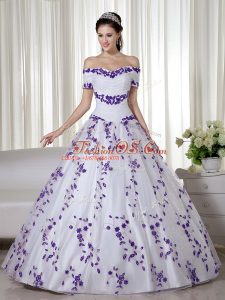 Nice Off The Shoulder Short Sleeves Lace Up Quinceanera Gowns White Organza