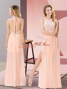 Sumptuous Peach Chiffon Backless Prom Gown Sleeveless Floor Length Sequins