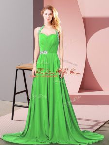 Custom Design Empire Chiffon Halter Top Sleeveless Beading and Ruching Zipper Party Dress Wholesale Brush Train