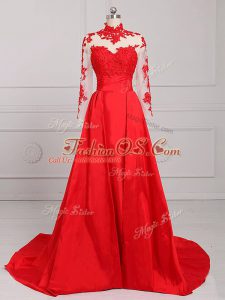 Classical Red Backless Formal Evening Gowns Lace and Appliques Long Sleeves Brush Train