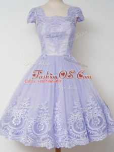 Lavender A-line Square Cap Sleeves Tulle Knee Length Zipper Lace Dama Dress