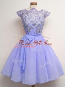 Lavender Chiffon Lace Up Bridesmaids Dress Cap Sleeves Knee Length Lace and Belt