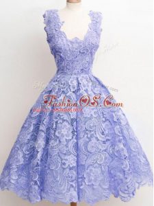Simple Lavender Straps Neckline Lace Dama Dress for Quinceanera Sleeveless Zipper