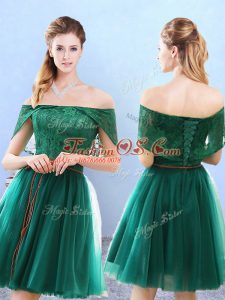 Attractive Olive Green Tulle Lace Up Court Dresses for Sweet 16 Cap Sleeves Knee Length Lace