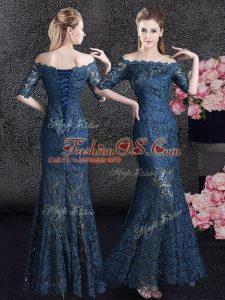 High End Navy Blue Mermaid Lace Off The Shoulder Half Sleeves Lace Floor Length Lace Up Mother Of The Bride Dress