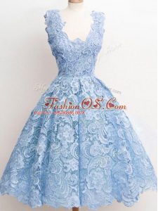 Light Blue Zipper Bridesmaid Dress Lace Sleeveless Knee Length