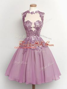 High-neck Sleeveless Lace Up Bridesmaid Gown Lilac Chiffon