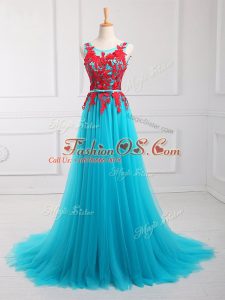 Tulle Scoop Sleeveless Brush Train Zipper Lace and Appliques Oscars Dresses in Aqua Blue