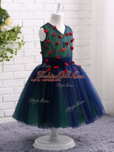 Beauteous Navy Blue Tulle Zipper Kids Formal Wear Sleeveless Knee Length Lace and Appliques
