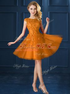 Affordable Gold Cap Sleeves Tulle Lace Up Vestidos de Damas for Prom and Party