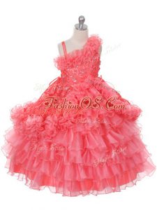 Floor Length Lace Up Little Girls Pageant Dress Watermelon Red for Wedding Party with Lace and Ruffles and Ruffled Layers