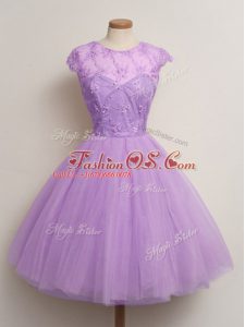Scoop Cap Sleeves Lace Up Quinceanera Court Dresses Lilac Tulle