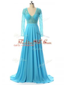 Baby Blue Mother Of The Bride Dress Prom and Sweet 16 with Beading V-neck Long Sleeves Brush Train Zipper