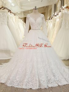 White Tulle Zipper Wedding Gown Long Sleeves Chapel Train Beading and Lace and Appliques