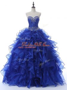 Vintage Sleeveless Floor Length Beading and Ruffles Lace Up Quinceanera Gowns with Royal Blue