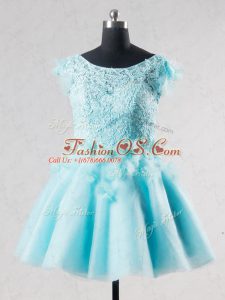 Flirting Short Sleeves Backless Mini Length Lace and Appliques and Hand Made Flower Military Ball Dresses