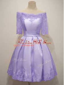 Lavender A-line Off The Shoulder Half Sleeves Taffeta Knee Length Lace Up Lace Damas Dress