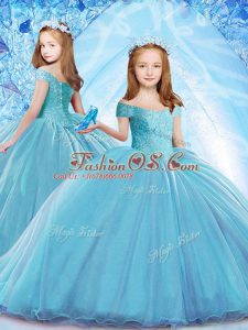 Off The Shoulder Cap Sleeves Little Girl Pageant Dress Brush Train Beading Baby Blue Organza