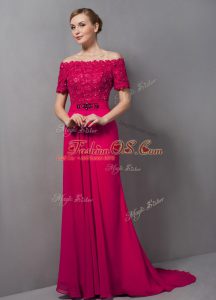 Elegant Hot Pink Off The Shoulder Zipper Lace Mother Of The Bride Dress Sweep Train Short Sleeves