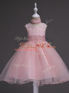 Baby Pink Kids Pageant Dress Wedding Party with Beading and Lace Scoop Sleeveless Zipper