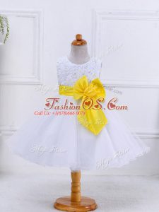 Knee Length Ball Gowns Sleeveless White Little Girls Pageant Dress Zipper