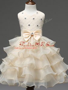 Latest Lace and Ruffled Layers and Bowknot Kids Pageant Dress Champagne Zipper Sleeveless Knee Length