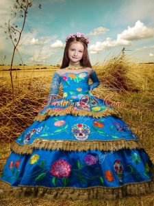 Ball Gowns Child Pageant Dress Blue High-neck Taffeta Long Sleeves Floor Length Lace Up