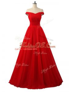 Sleeveless Floor Length Ruching Lace Up Evening Dress with Red