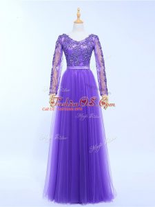 Long Sleeves Tulle Floor Length Lace Up Womens Evening Dresses in Lavender with Lace and Appliques