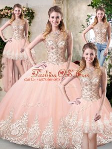 Peach High-neck Neckline Beading and Lace and Appliques Vestidos de Quinceanera Sleeveless Backless