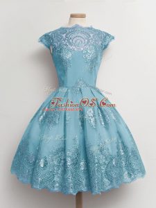 Scalloped Cap Sleeves Lace Up Wedding Guest Dresses Aqua Blue Tulle