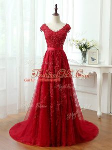 Fashionable Tulle Cap Sleeves Prom Dresses Brush Train and Lace and Appliques