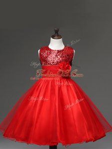 Custom Made Red Scoop Zipper Sequins and Hand Made Flower Little Girls Pageant Dress Sleeveless