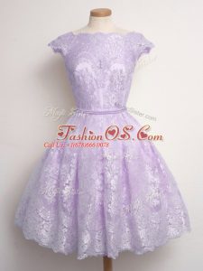 Eye-catching Lavender A-line Lace Scalloped Cap Sleeves Lace Knee Length Lace Up Dama Dress