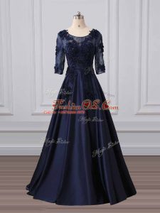 Scoop 3 4 Length Sleeve Brush Train Zipper Mother Of The Bride Dress Navy Blue Satin