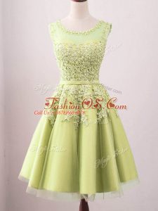 Inexpensive Yellow Tulle Lace Up Bridesmaid Dress Sleeveless Knee Length Lace