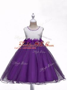 Organza Scoop Sleeveless Zipper Lace and Hand Made Flower Little Girls Pageant Gowns in Purple
