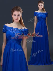 Elegant Floor Length Lace Up Mother Of The Bride Dress Blue for Prom and Party with Appliques
