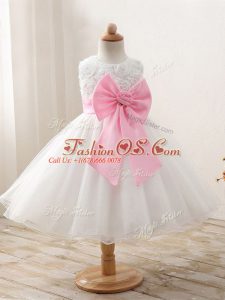 Lovely White Organza Zipper Scoop Sleeveless Mini Length Child Pageant Dress Bowknot