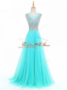 Exceptional Beading Womens Evening Dresses Aqua Blue Side Zipper Sleeveless Floor Length