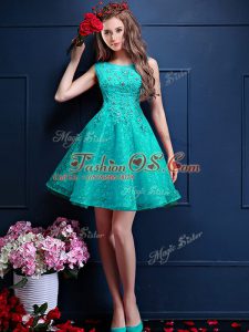 High End A-line Quinceanera Dama Dress Turquoise Bateau Tulle Sleeveless Knee Length Lace Up