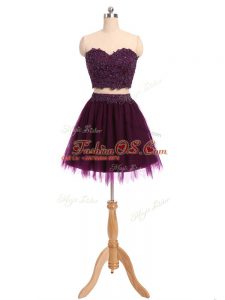 Mini Length Two Pieces Sleeveless Dark Purple Homecoming Gowns Zipper