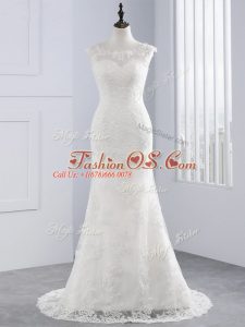 Perfect White Sleeveless Lace Brush Train Zipper Wedding Dresses for Wedding Party