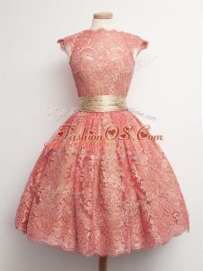 Wonderful High-neck Cap Sleeves Lace Up Quinceanera Court of Honor Dress Watermelon Red Lace