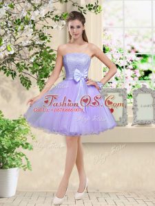 Cute Lilac Organza Lace Up Vestidos de Damas Sleeveless Knee Length Lace and Belt